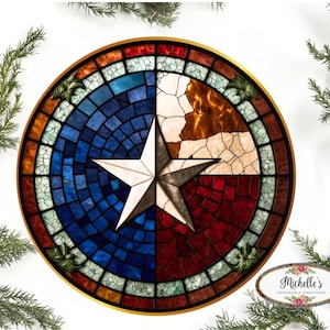 May include: A round stained glass piece depicting the Texas state flag. The flag is made up of blue, red, and white mosaic tiles with a white five-pointed star in the center.