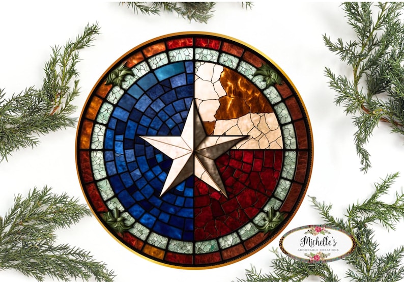 May include: A round stained glass piece depicting the Texas state flag. The flag is made up of blue, red, and white mosaic tiles with a white five-pointed star in the center.