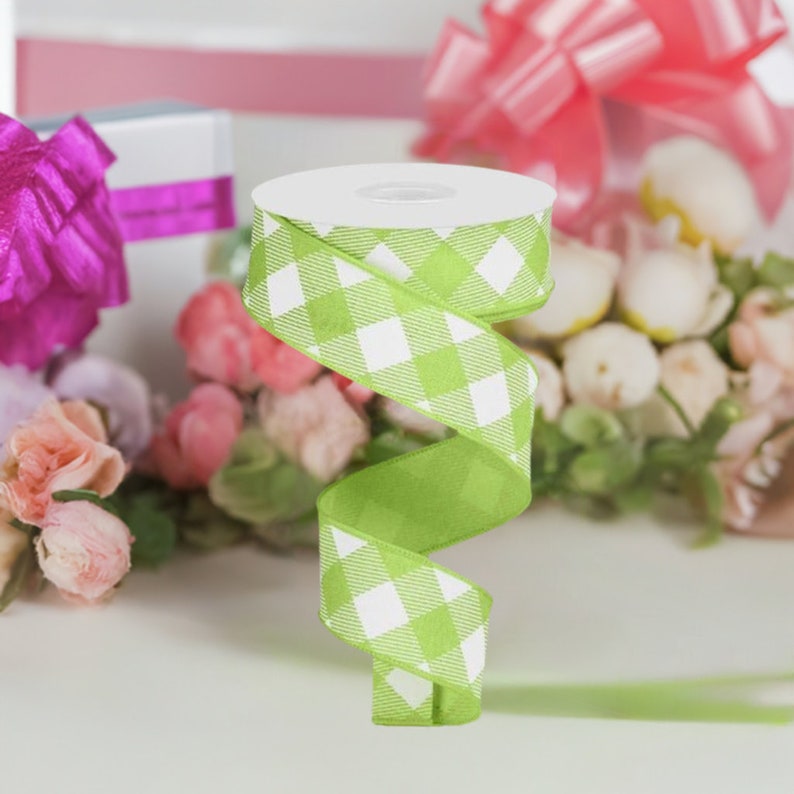 1.5in Diagonal Check on Royal Ribbon: Bright Green & White (10 Yards ...