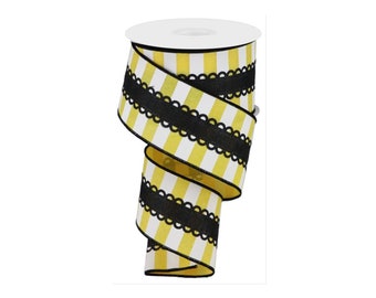 2.5" Lace On Horizontal Stripe Ribbon: Black, Yellow, White (10 Yards)