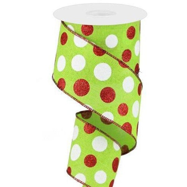 2.5in Multi Glitter Dots Ribbon: Lime Green, Red, White (10 Yards)