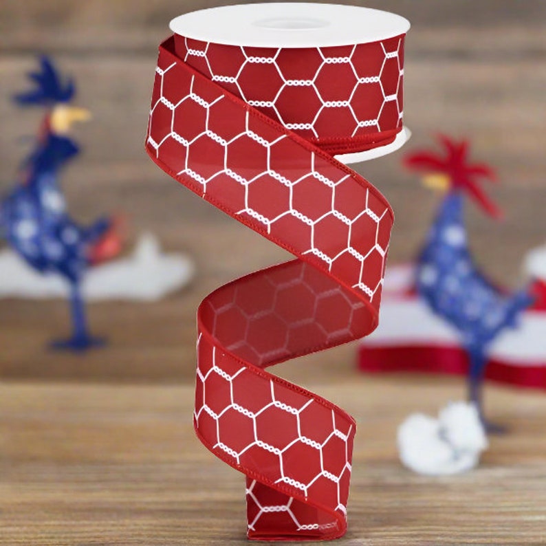 1.5in Chicken Wire Ribbon: Red Cranberry & White 10 Yards image 9