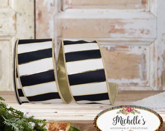 2.5in Striped Metallic Back Ribbon: Black/Gold (10 Yards)