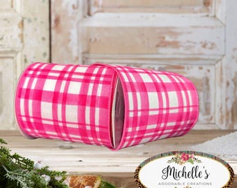 4in Tuttola Watercolor Plaid Ribbon: Pink (10 Yards)