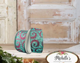 1.5in Pink Glitter Swirl Ribbon: Teal (10 Yards)
