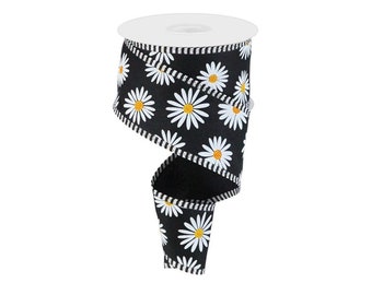 2.5in Flower Daisy Stripe Ribbon: Black (10 Yards)