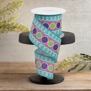 2.5in Striped Glitter Circle Loops Ribbon: Teal (10 Yards)