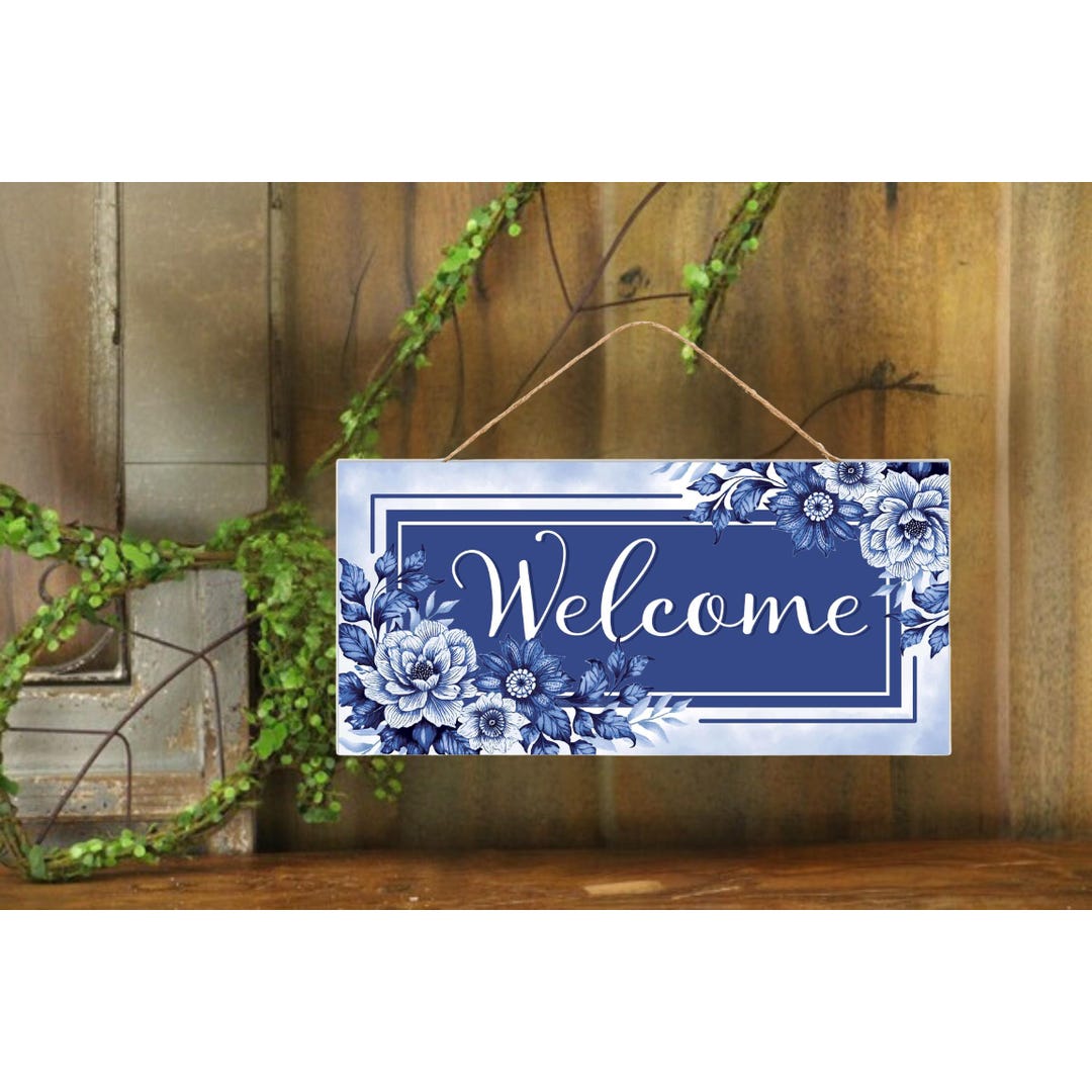 12in Welcome Blue Floral MDF Wood Sign - Etsy