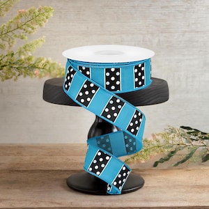 1.5in B & W Polka Dot Stripes Ribbon: Turquoise (10 Yards)