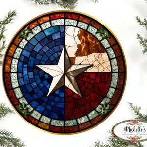May include: A round stained glass piece featuring the Texas state flag. The flag is made up of blue, red, and white mosaic tiles with a large white star in the center. The piece is surrounded by a gold frame.