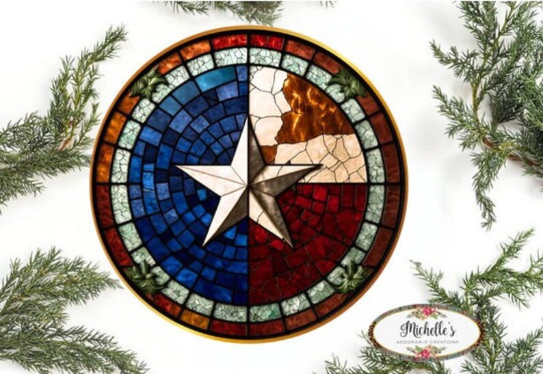 May include: A round stained glass piece featuring the Texas state flag. The flag is made up of blue, red, and white mosaic tiles with a large white star in the center. The piece is surrounded by a gold frame.