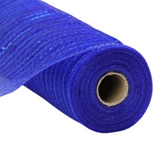 May include: A roll of blue metallic mesh ribbon. The ribbon is rolled up and has a shiny, iridescent finish.