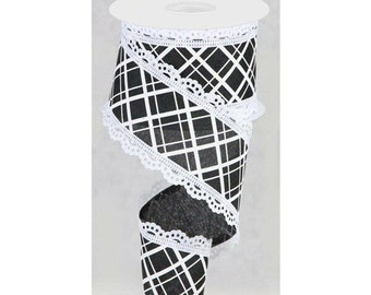 2.5" Line Check Lace Ribbon: Black/White (10 Yard)