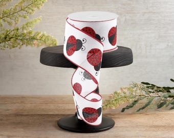 2.5in Ladybug Ribbon: White, Red, Black (10 Yards)