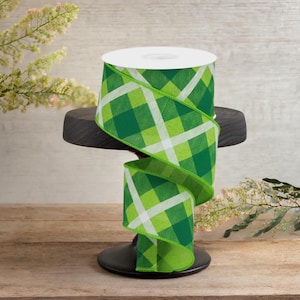 2.5in Printed Plaid Ribbon: Lime Green, Green, White (10 Yards)