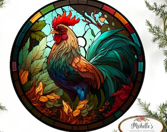 Colorful Faux Stained Glass Rooster Sign - Wreath Enhancement