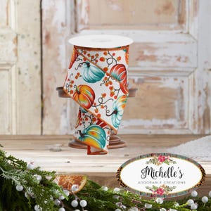 2.5in Pumpkins Bittersweet Ribbon: Ivory/Teal/Rust (10 Yards)