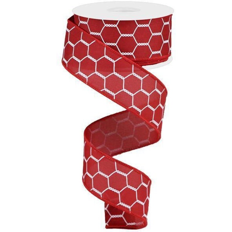 1.5in Chicken Wire Ribbon: Red Cranberry & White 10 Yards image 1