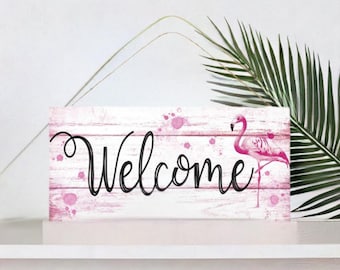 12in Wooden Sign: Flamingo Welcome