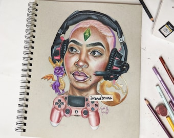 Gamer Girl Color Pencil Drawing: Original Illustration
