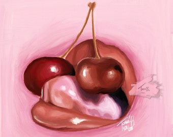 Red Lips Cherry Art Print: Sensual Bedroom Wall Decor