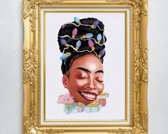 Black Woman Christmas Art Print: Festive Holiday Lights Portrait