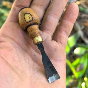 May include: A small wood chisel. It has a rounded wooden handle, brass ferrule, and a dark metal blade with a sharp edge. The handle features a light wood grain and a darker wood inlay. The chisel is approximately 15 cm long.