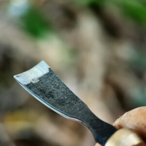 May include: Close-up of a woodworking chisel with a curved blade. The metal blade has a dark, textured appearance with a lighter, worn edge. The handle is partially visible, featuring a brass ferrule and a wooden grip.