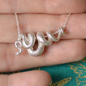 Op de afbeelding: Een zilveren slangenketting met een textuur. De slang is opgerold en de ketting ligt op een hand.