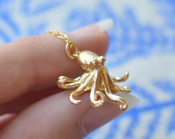 Handmade Gold-Plated/Silver/Solid 9ct Gold Octopus Pendant and Chain