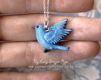 Hand Sculpted Mountain Bluebird Pendant with Chain