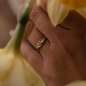 Pu&ograve; includere: Un anello d'oro con un designo in rilievo sulla fascia. L'anello &egrave; indossato al dito di una persona, e lo sfondo &egrave; sfocato con fiori gialli.