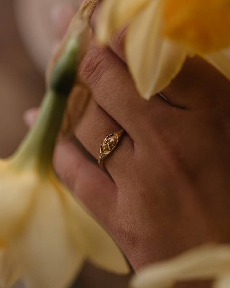 Pu&ograve; includere: Un anello d'oro con un designo in rilievo sulla fascia. L'anello &egrave; indossato al dito di una persona, e lo sfondo &egrave; sfocato con fiori gialli.