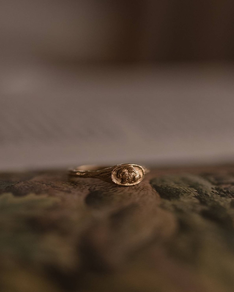 Pu&ograve; includere: Un anello d'oro con un designo testurizzato di forma ovale. L'anello &egrave; appoggiato su una superficie testurizzata di colore marrone.