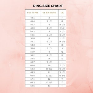 May include: A ring size chart with measurements in millimeters, US and Canadian ring sizes, and UK ring sizes. The chart shows the corresponding ring size for each measurement.