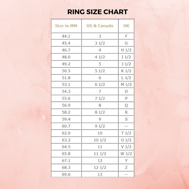 May include: A ring size chart with measurements in millimeters, US and Canadian ring sizes, and UK ring sizes. The chart shows the corresponding ring size for each measurement.