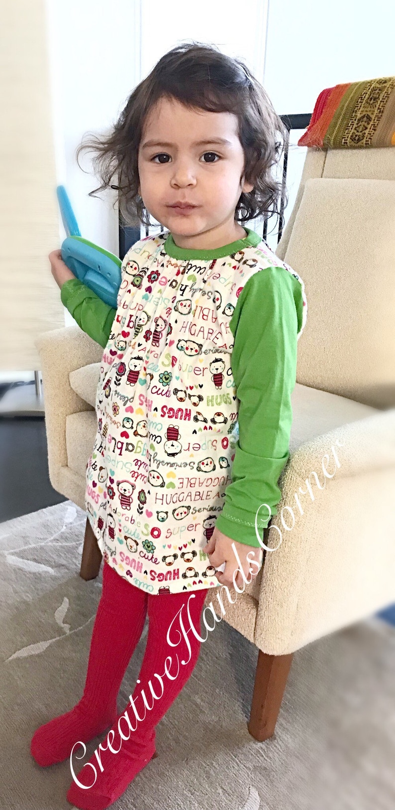 Green /& white printed flannel cotton tunic for baby girl\u2022toddler girl \u2022 Made to order