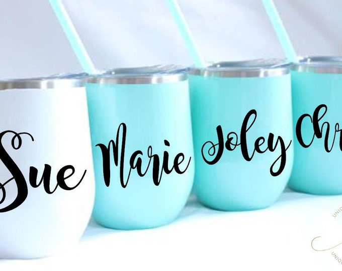 12 Oz Personalized Stainless Steel Stemless Wine Tumblers, Bev Stainless Double Wall Insulated Wine Tumblers, with lid and straw. bacheloret