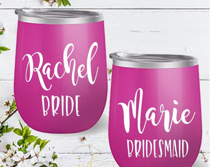 12 Oz Mongram Stainless Steel Stemless Wine Tumblers, Bev Stainless Double Wall Insulated Wine Tumblers, with lid and straw. bachelorette pa