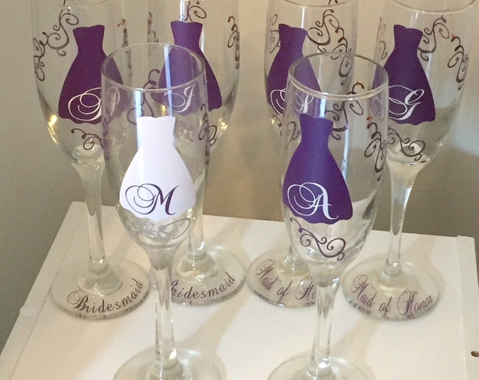 Bridesmaid Champagne Glasses champagne flutes glasses,,initial over the dress and title on the base. Plum purple dress. Set of 8