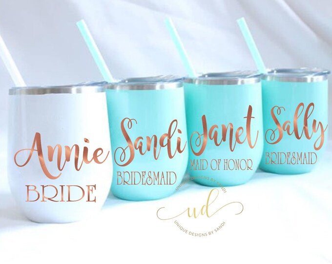 12 Oz Stainless Steel Stemless Wine Tumblers, Bev Stainless Double Wall Insulated Wine Tumblers,Rose Gold, Bachelorette Party,Wedding party