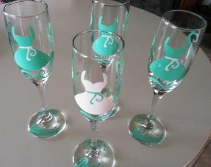 6 Personalized, Bride, and Bridesmaid Champagne Glasses, Wedding Party Glasses,