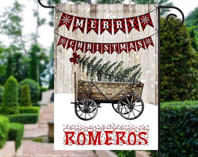 Christmas Garden Flag, Buffalo Plaid Wooden Wagon ,Merry Christmas flag, Christmas Yard Flag, Housewarming Gift, Christmas Decorations