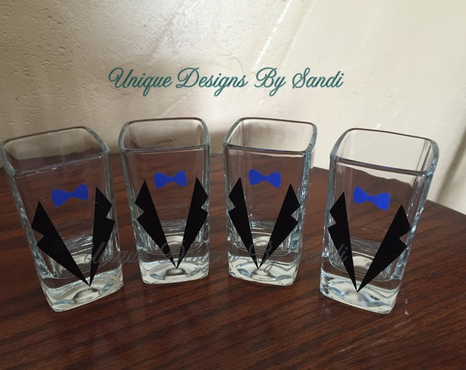 Personalized Shot Glasses - Bachelor Party Shot Glasses - Wedding Party Glasses - Choose Your Suit Style