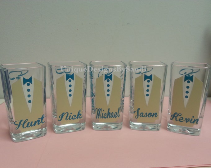 12 Personalized Shot Glasses with Tuxes, Groom and Groomsmen Wedding Glasses