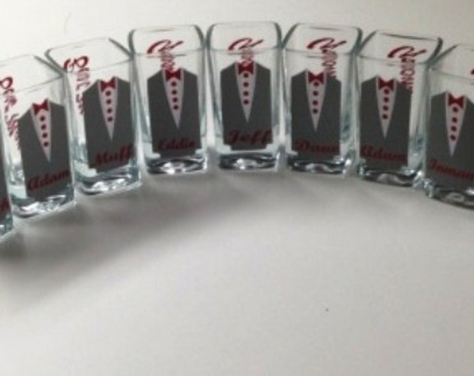 4 Personalized Shot Glasses- with Tuxes - Groom- and Groomsmen- Wedding Glasses
