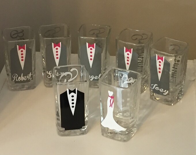 9 Personalized Shot Glasses with Tuxes, Groom and Groomsmen Wedding Glasses