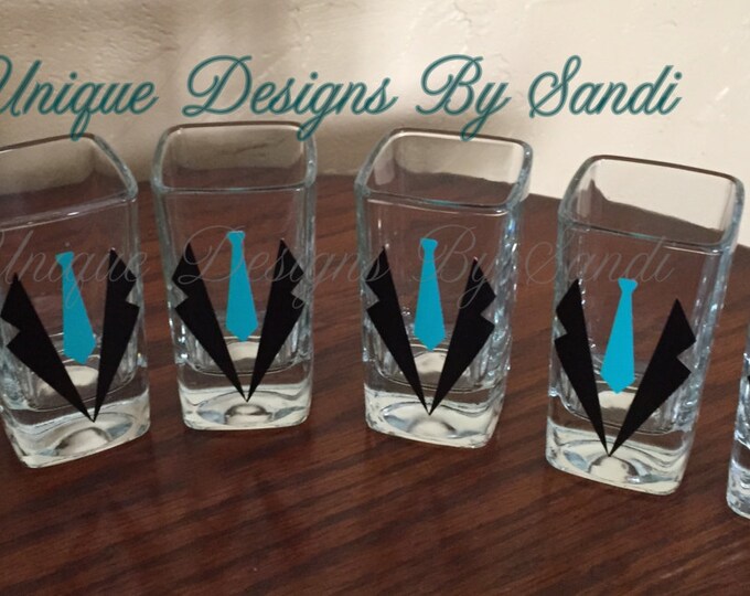 Personalized Shot Glasses, Bachelor Party Shot Glasses, Wedding Party Glasses, Choose Your Suit Style
