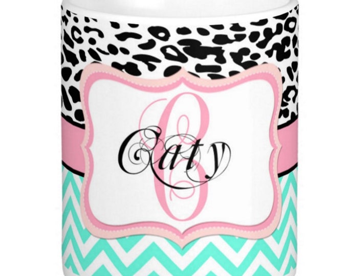 Monogrammed, Personalized coffee mug, Mint & Black Leopard print,