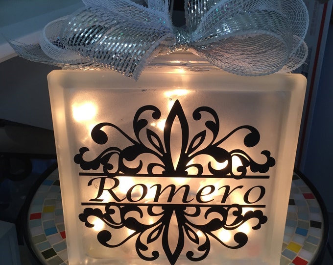Glass Block Night Light,Fleur De Lis ,with Family Name Night, Light Decoration, Home Decor ,Custom 8 x 8 Lighted Glass Block,